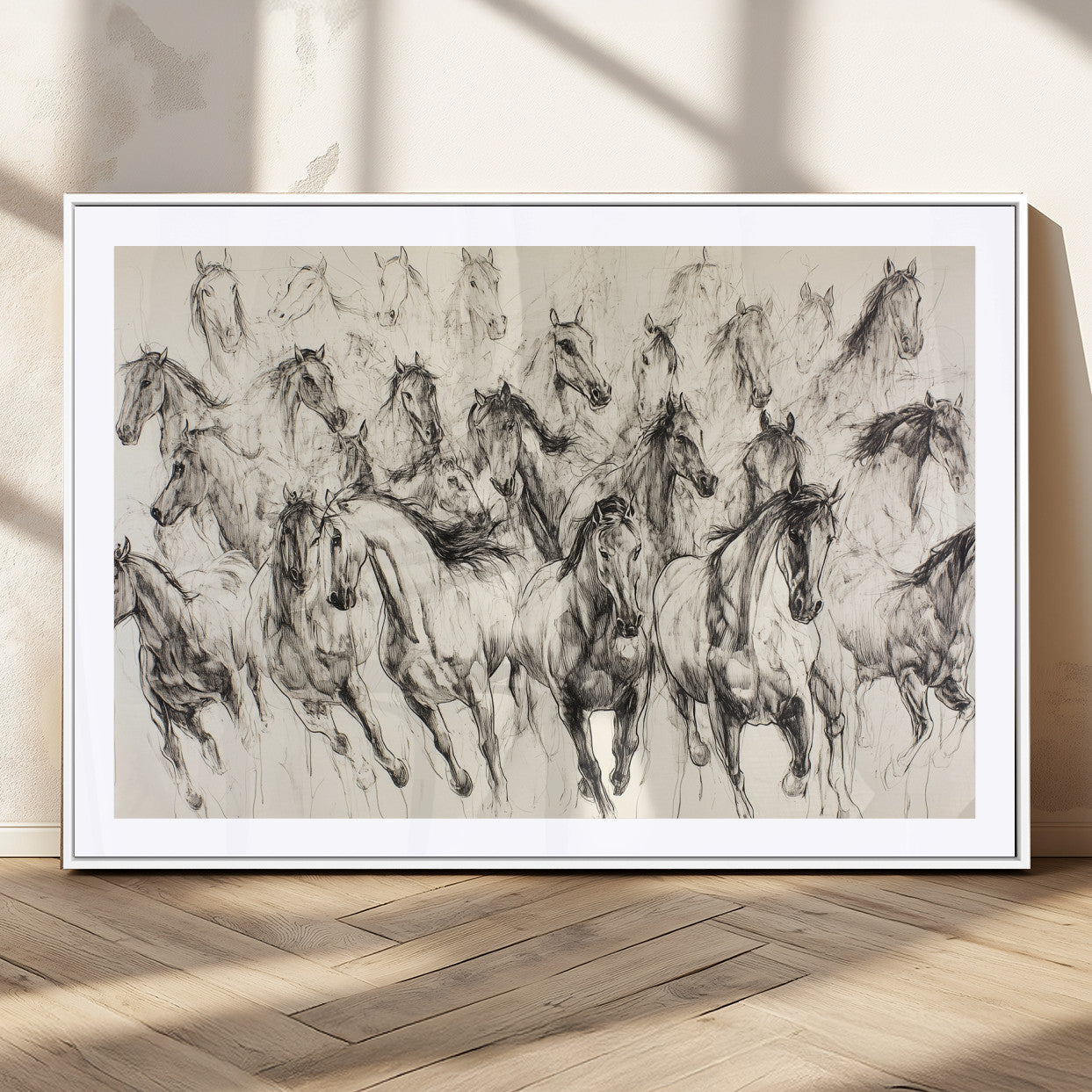 19433417-MGC-FP-36x24_White-Running Horses Wall Art Canvas Print, Framed Horse Sketch Art Picture Print, Galloping Herd Perfect Monochrome Western Decor