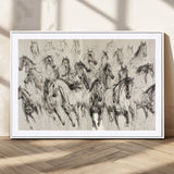 19433417-MGC-FP-36x24_White-Running Horses Wall Art Canvas Print, Framed Horse Sketch Art Picture Print, Galloping Herd Perfect Monochrome Western Decor