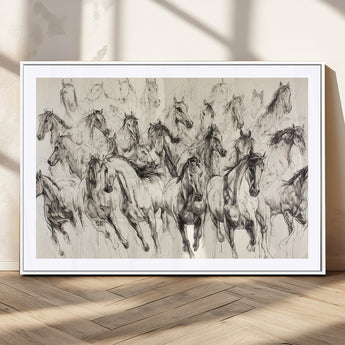 19433417-MGC-FP-36x24_White-Running Horses Wall Art Canvas Print, Framed Horse Sketch Art Picture Print, Galloping Herd Perfect Monochrome Western Decor