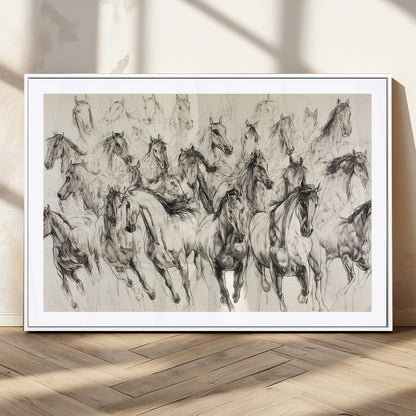 19433417-MGC-FP-36x24_White-Running Horses Wall Art Canvas Print, Framed Horse Sketch Art Picture Print, Galloping Herd Perfect Monochrome Western Decor