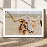 21060648-MGV-CV-36X24-Texas Longhorn Wall Art Canvas Print, Framed Speckled Cow Art Picture Print, Rustic Bull Perfect Rustic Western Decor Artwork