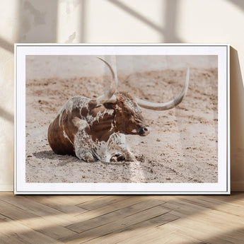 25407592-MGC-FP-36x24_White-Texas Longhorn Wall Art Canvas Print, Framed Resting Bull Art Picture Print, Spotted Cattle Perfect Rustic Western Decor Artwork