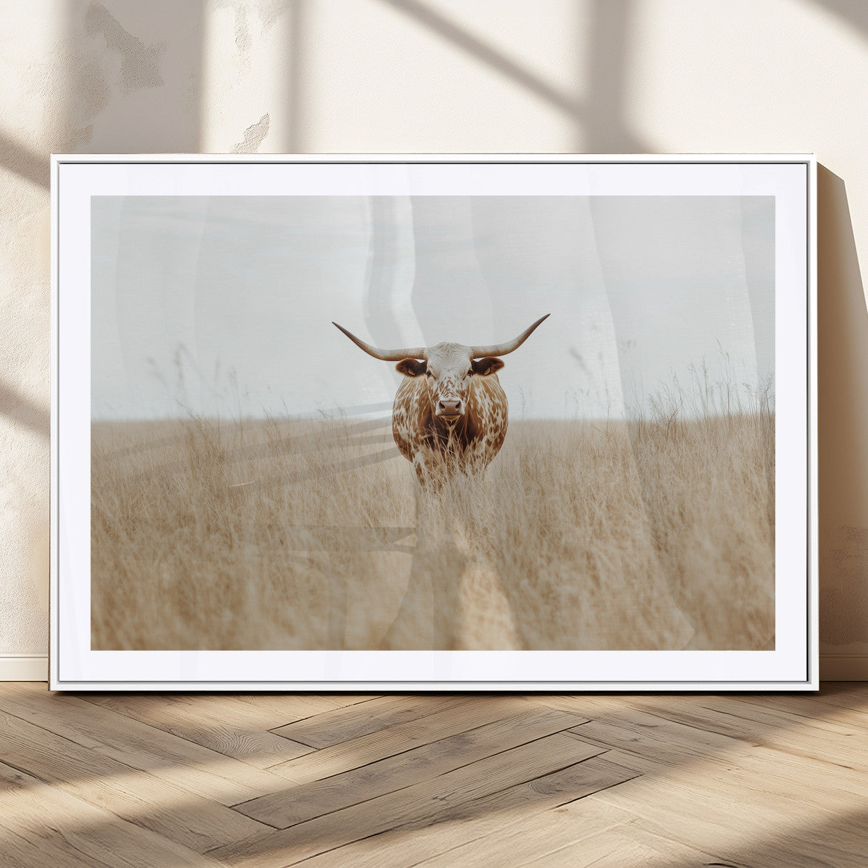 20927060-MGC-FP-36x24_White-Texas Longhorn Wall Art Canvas Print, Framed Lone Cattle Art Picture Print, Longhorn Bull Perfect Rustic Western Decor Artwork