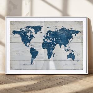 54107201-MGC-FP-36x24_White-World Map Wall Art Canvas Print, Framed Rustic Atlas Art Picture Print, Wooden Map Perfect Vintage Decor Artwork