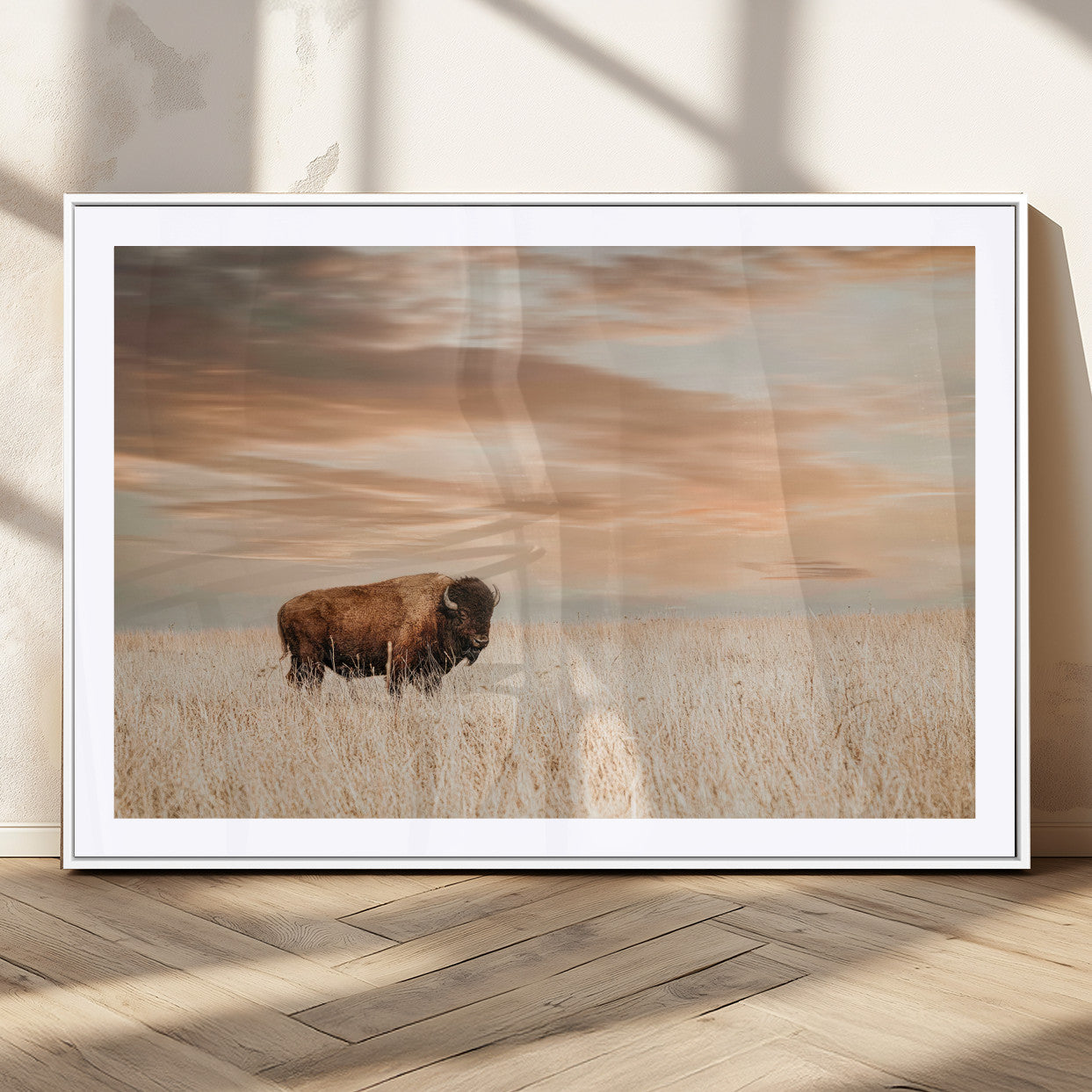 87282289-MGC-FP-36x24_White-Bison Wall Art Canvas Print, Framed Buffalo Art Picture Print, Western Prairie Perfect Rustic Decor Artwork