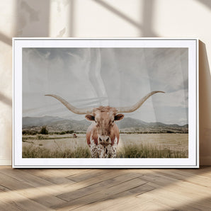 80054319-MGC-FP-36x24_White-Texas Longhorn Wall Art Canvas Print, Framed Western Cow Art Picture Print, Rustic Farmhouse Perfect Farmhouse Decor Artwork