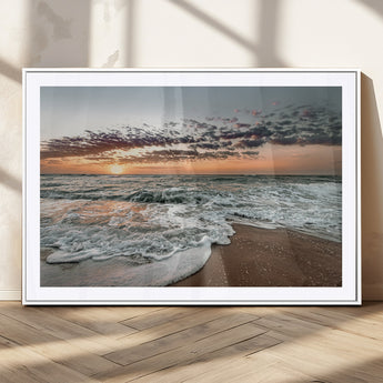 40632752-MGC-FP-36x24_White-Ocean Sunset Wall Art Canvas Print, Framed Beach Waves Art Picture Print, Coastal Scene Perfect Coastal Decor Artwork