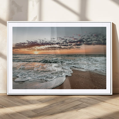 40632752-MGC-FP-36x24_White-Ocean Sunset Wall Art Canvas Print, Framed Beach Waves Art Picture Print, Coastal Scene Perfect Coastal Decor Artwork