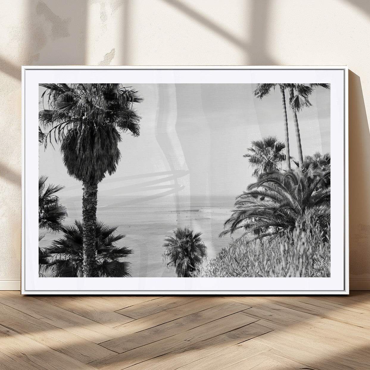 89458520-MGC-FP-36x24_White-Palm Trees Wall Art Canvas Print, Framed Coastal View Art Picture Print, Ocean Horizon Perfect Monochrome Coast Decor Artwork