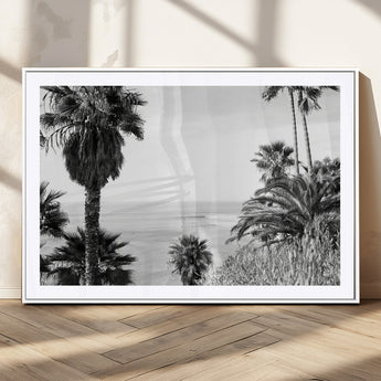 89458520-MGC-FP-36x24_White-Palm Trees Wall Art Canvas Print, Framed Coastal View Art Picture Print, Ocean Horizon Perfect Monochrome Coast Decor Artwork