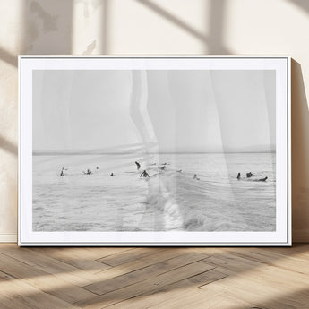 33449548-MGV-CV-36X24-Group Surfers Wall Art Canvas Print, Framed Ocean Wave Art Picture Print, Surf Crowd Perfect Monochrome Surf Decor Artwork