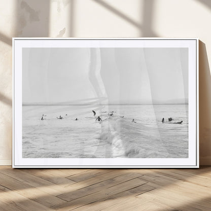 33449548-MGV-CV-36X24-Group Surfers Wall Art Canvas Print, Framed Ocean Wave Art Picture Print, Surf Crowd Perfect Monochrome Surf Decor Artwork