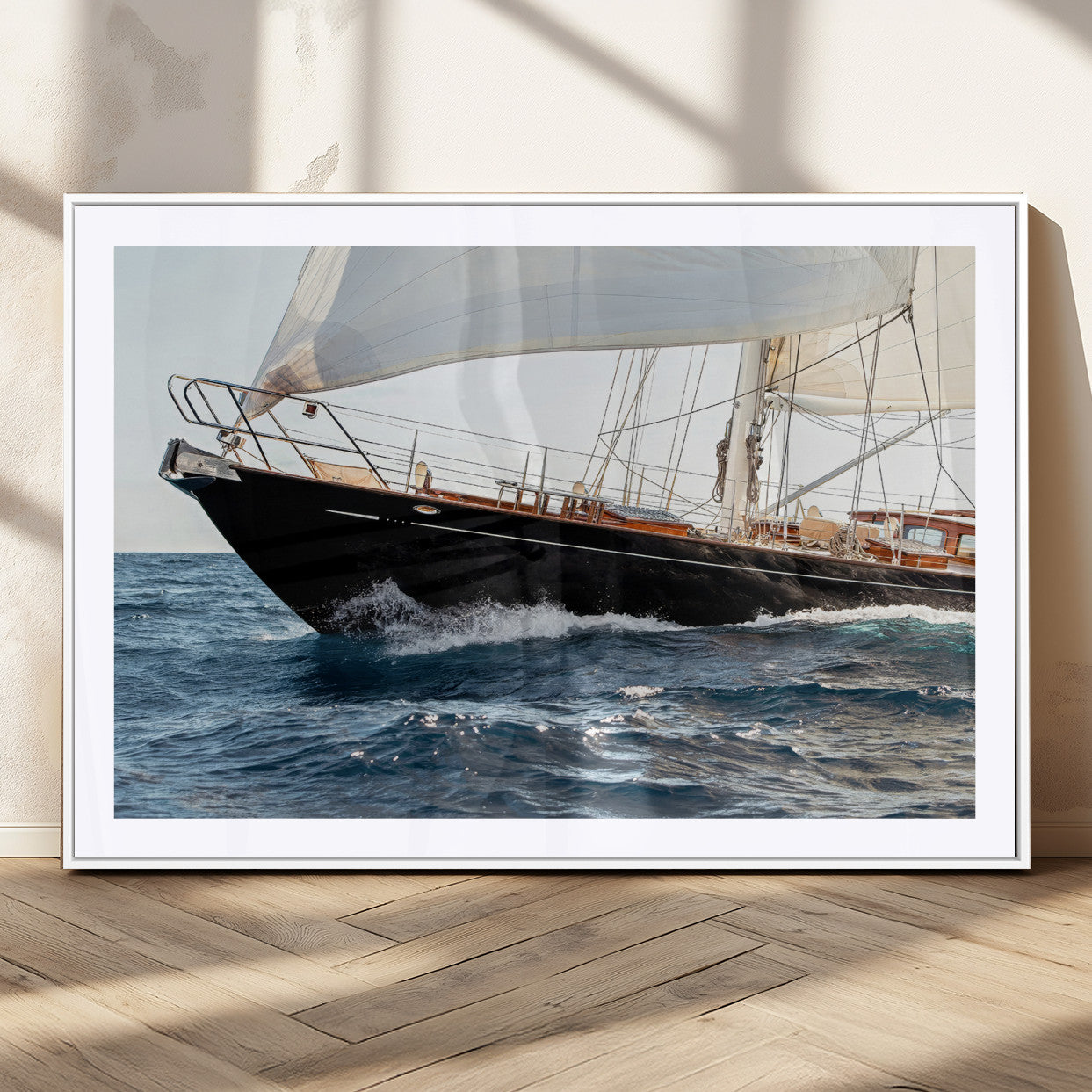 97168626-MGC-FP-36x24_White-Sailing Yacht Wall Art Canvas Print, Framed Wooden Yacht Art Picture Print, Ocean Waves Perfect Nautical Coastal Decor Artwork