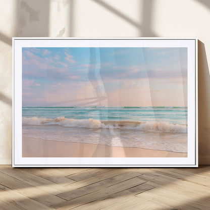 74679437-MGC-FP-36x24_White-Pastel Ocean Wall Art Canvas Print, Framed Beach Waves Art Picture Print, Soft Sunset Perfect Pastel Coastal Decor Artwork