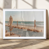 58507949-MGC-FP-36x24_White-Beach Umbrellas Wall Art Canvas Print, Framed Empty Loungers Art Picture Print, Soft Sand Perfect Minimalist Seaside Decor Artwork