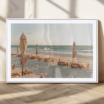 58507949-MGC-FP-36x24_White-Beach Umbrellas Wall Art Canvas Print, Framed Empty Loungers Art Picture Print, Soft Sand Perfect Minimalist Seaside Decor Artwork