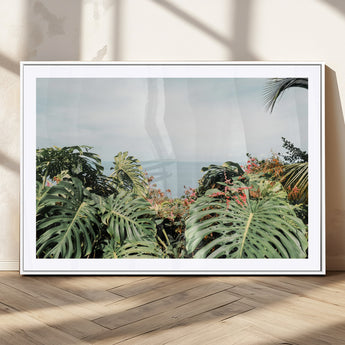 45700479-MGC-FP-36x24_White-Monstera Leaves Wall Art Canvas Print, Framed Tropical Ocean Art Picture Print, Tropical Foliage Perfect Tropical Coastal Jungle