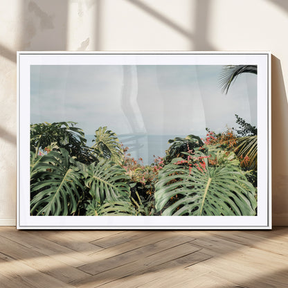 45700479-MGC-FP-36x24_White-Monstera Leaves Wall Art Canvas Print, Framed Tropical Ocean Art Picture Print, Tropical Foliage Perfect Tropical Coastal Jungle