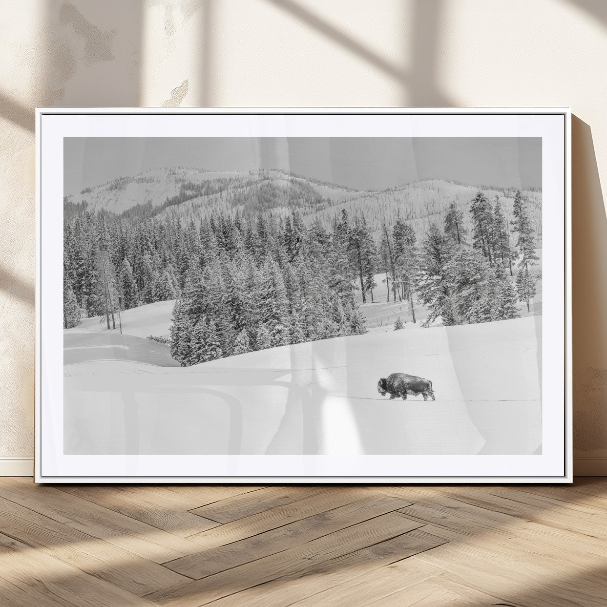 68081143-MGV-CV-36X24-Snowy Bison Wall Art Canvas Print, Framed Winter Forest Art Picture Print, Lone Bison Perfect Monochrome Winter Wild Decor Artwork