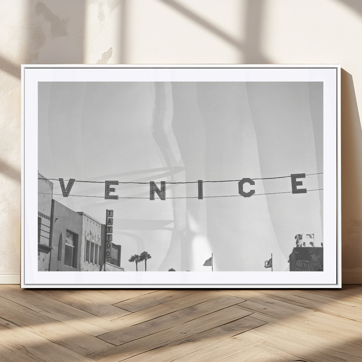 68254589-MGC-FP-36x24_White-Venice Sign Wall Art Canvas Print, Framed Venice Letters Art Picture Print, Los Angeles Perfect Minimalist Urban Decor Artwork