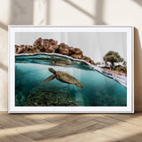 44200301-MGC-FP-36x24_White-Sea Turtle Swim Wall Art Canvas Print, Framed Ocean Life Art Picture Print, Tropical Shoreline Perfect Tropical Coastal Decor