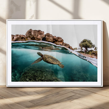 44200301-MGV-CV-36X24-Sea Turtle Swim Wall Art Canvas Print, Framed Ocean Life Art Picture Print, Tropical Shoreline Perfect Tropical Coastal Decor