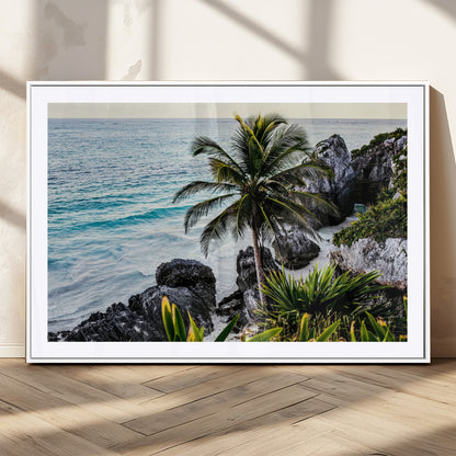 94669907-MGC-FP-36x24_White-Tropical Coastline Wall Art Canvas Print, Framed Palm Tree Art Picture Print, Rocky Beach Perfect Tropical Coastal Decor Artwork