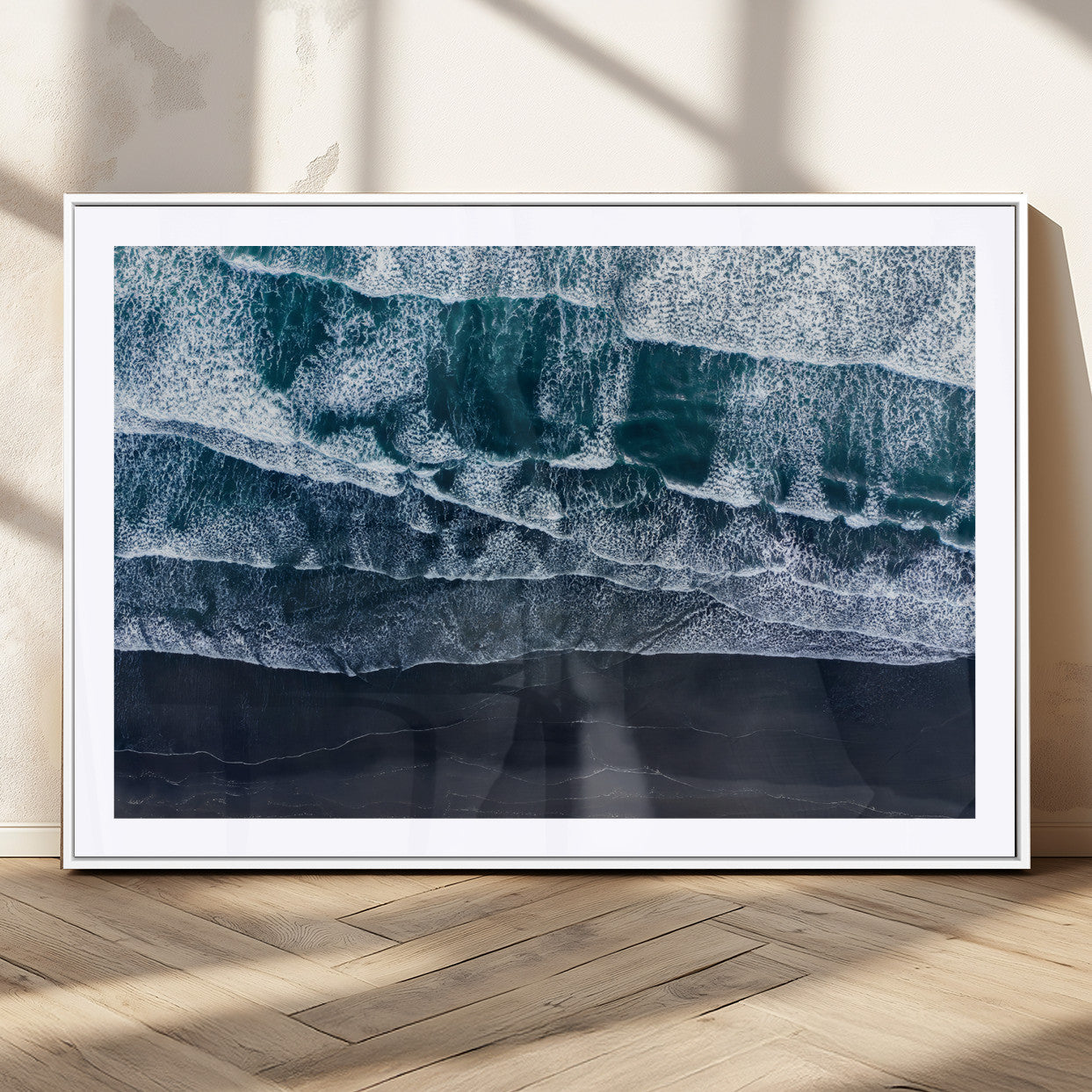 87941475-MGC-FP-36x24_White-Black Beach Wall Art Canvas Print, Framed Aerial Ocean Art Picture Print, Moody Coastal Perfect Modern Coastal Decor Artwork
