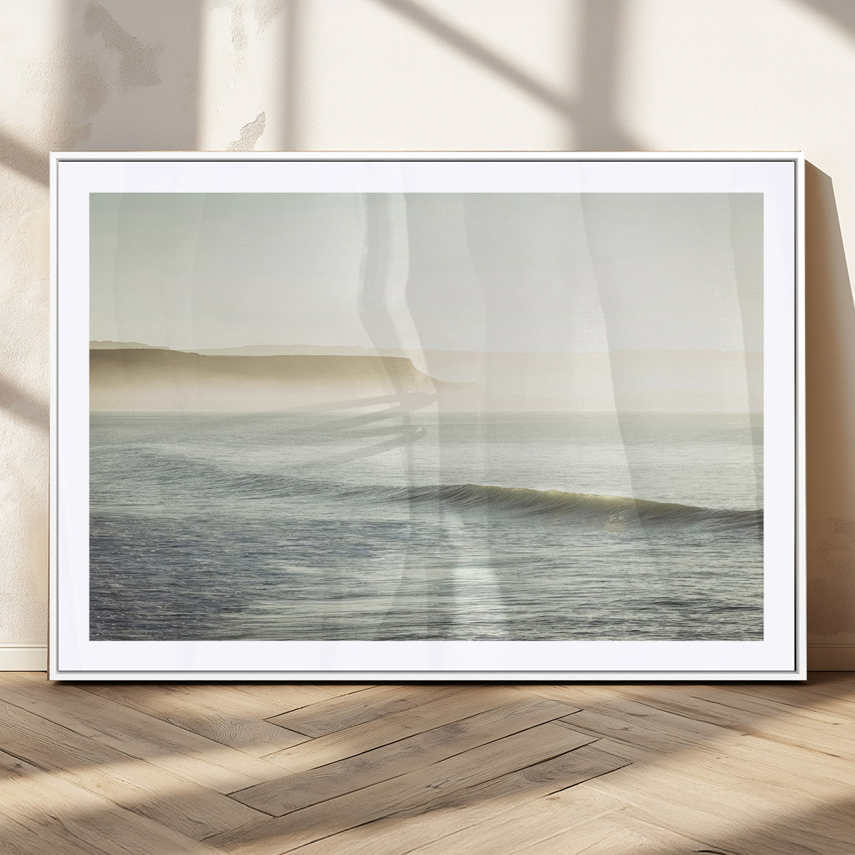 39310633-MGC-FP-36x24_White-Coastal Cliffs Wall Art Canvas Print, Framed Misty Ocean Art Picture Print, Morning Light Perfect Minimalistic Coastal Decor
