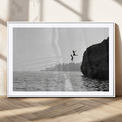 52284302-MGC-FP-36x24_White-Cliff Jumping Wall Art Canvas Print, Framed Ocean Adventure Art Picture Print, Black White Coast Perfect Modern Coastal Decor