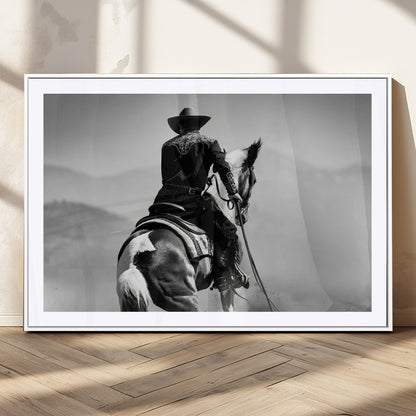 83102464-MGV-CV-36X24-Western Cowboy Wall Art Canvas Print, Framed Monochrome Horse Art Picture Print, Western Equestrian Perfect Rustic Western Decor