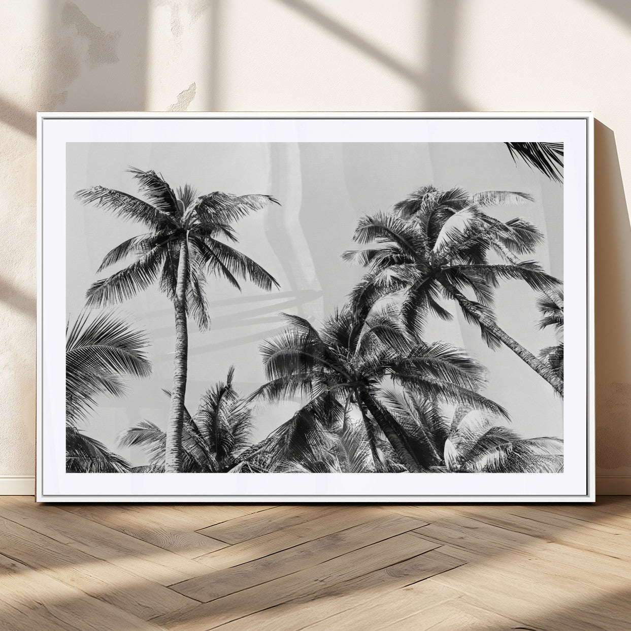 46641801-MGC-FP-36x24_White-Palm Tree Wall Art Canvas Print, Framed Black White Tropics Art Picture Print, Monochrome Palms Perfect Modern Tropical Minimalist