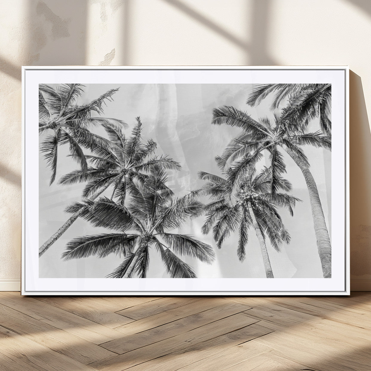 62113786-MGC-FP-36x24_White-Black White Palm Wall Art Canvas Print, Framed Monochrome Tropics Art Picture Print, Minimalist Beach Perfect Coastal Minimalist