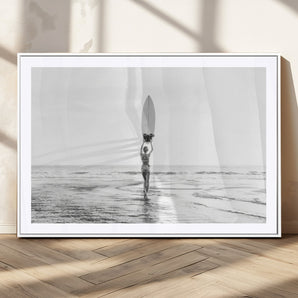 98446901-MGC-FP-36x24_White-Monochrome Surf Wall Art Canvas Print, Framed Minimalist Surfer Art Picture Print, Surfboard Silhouette Perfect Coastal Minimalist