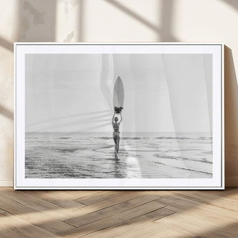98446901-MGC-FP-36x24_White-Monochrome Surf Wall Art Canvas Print, Framed Minimalist Surfer Art Picture Print, Surfboard Silhouette Perfect Coastal Minimalist