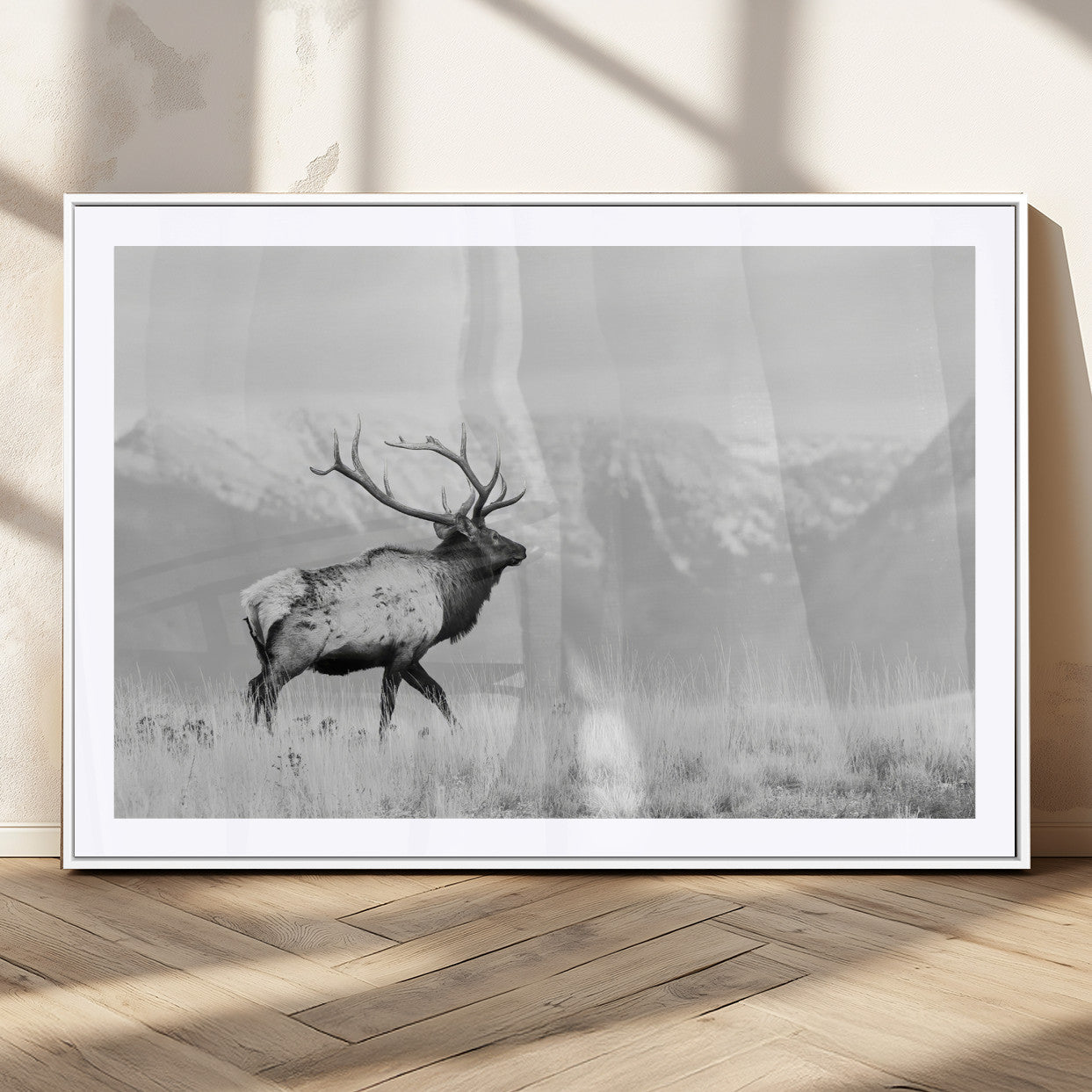 62278753-MGC-FP-36x24_White-Monochrome Elk Wall Art Canvas Print, Framed Mountain Wildlife Art Picture Print, Rustic Nature Perfect Rustic Minimalist Decor