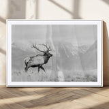 62278753-MGC-FP-36x24_White-Monochrome Elk Wall Art Canvas Print, Framed Mountain Wildlife Art Picture Print, Rustic Nature Perfect Rustic Minimalist Decor
