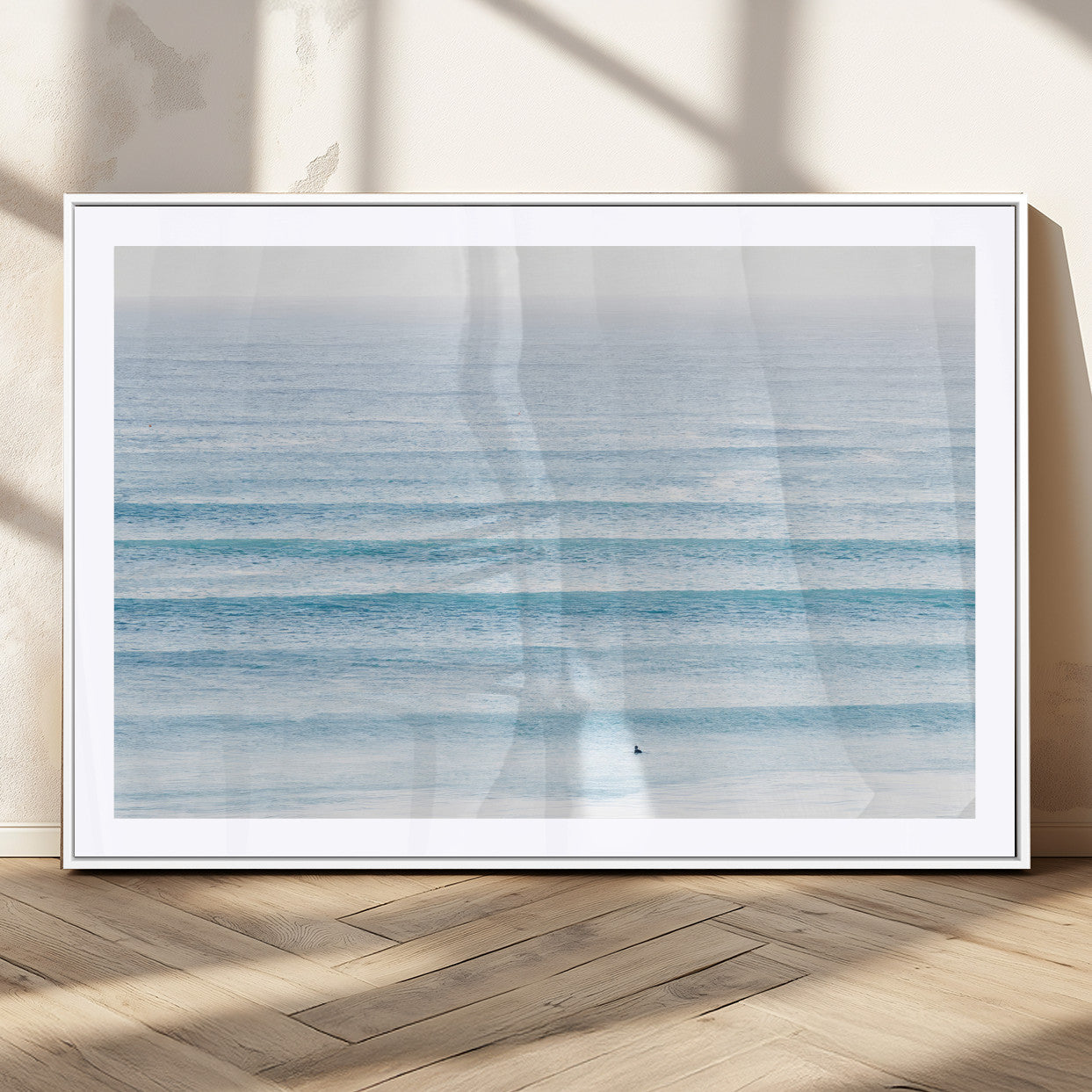 77145995-MGC-FP-36x24_White-Ocean Simplicity Wall Art Canvas Print, Framed Surfer on Water Art Picture Print, Light Blue Perfect Coastal Minimalist Decor