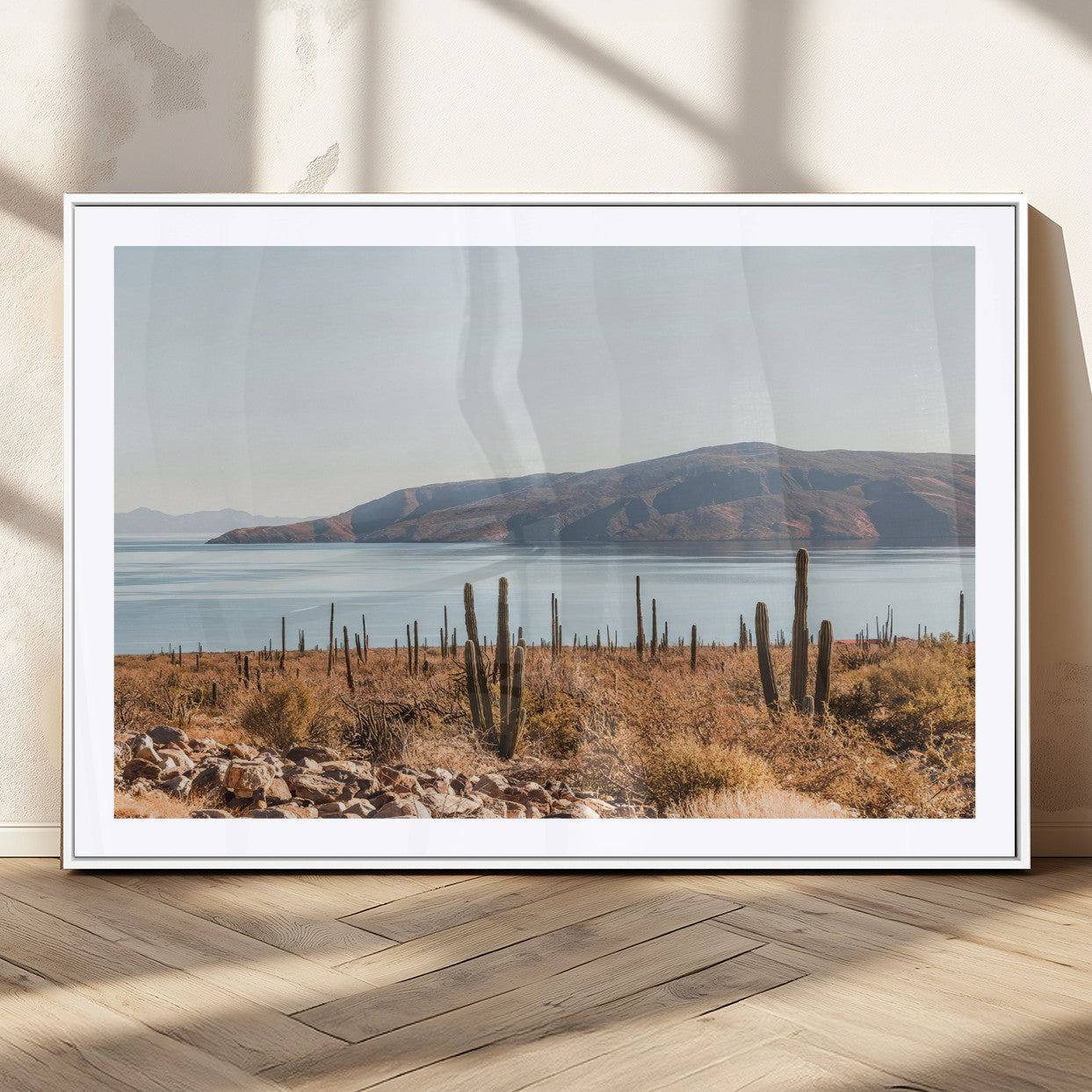 45193515-MGC-FP-36x24_White-Desert Cactus Wall Art Canvas Print, Framed Baja Coastline Art Picture Print, Coastal Desert Perfect Southwestern Minimalist Decor