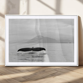 30524220-MGC-FP-36x24_White-Whale Tail Wall Art Canvas Print, Framed Black White Ocean Art Picture Print, Calm Marine Perfect Minimalist Coastal Decor Artwork