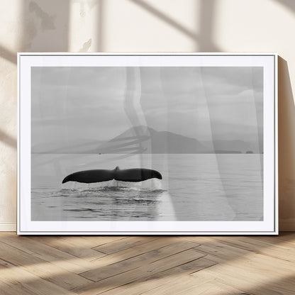 30524220-MGC-FP-36x24_White-Whale Tail Wall Art Canvas Print, Framed Black White Ocean Art Picture Print, Calm Marine Perfect Minimalist Coastal Decor Artwork