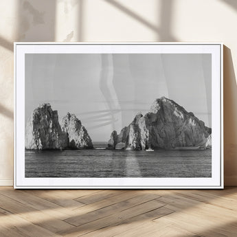 18810731-MGC-FP-36x24_White-Rugged Coastline Wall Art Canvas Print, Framed Ocean Cliffs Art Picture Print, Monochrome Seascape Perfect Coastal Minimalist