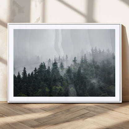 84146572-MGC-FP-36x24_White-Foggy Pine Trees Wall Art Canvas Print, Framed Forest Nature Art Picture Print, Evergreen Forest Perfect Scandinavian Minimalist