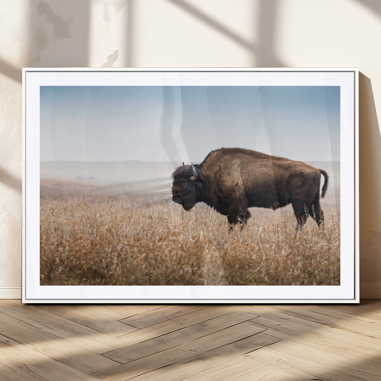 99620201-MGC-FP-36x24_White-Wild Bison Wall Art Canvas Print, Framed Bison in Prairie Art Picture Print, Rustic Western Perfect Rustic Western Decor Artwork