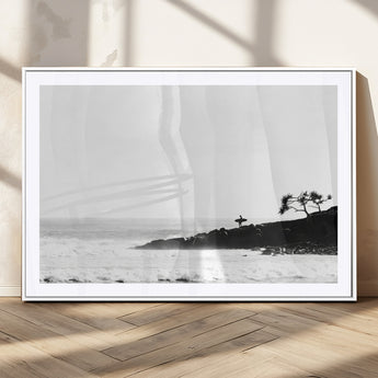 40875891-MGC-FP-36x24_White-SurferCliffs Wall Art Canvas Print, Framed Black White Beach Art Picture Print, Ocean Waves Perfect Minimalist Coastal Decor