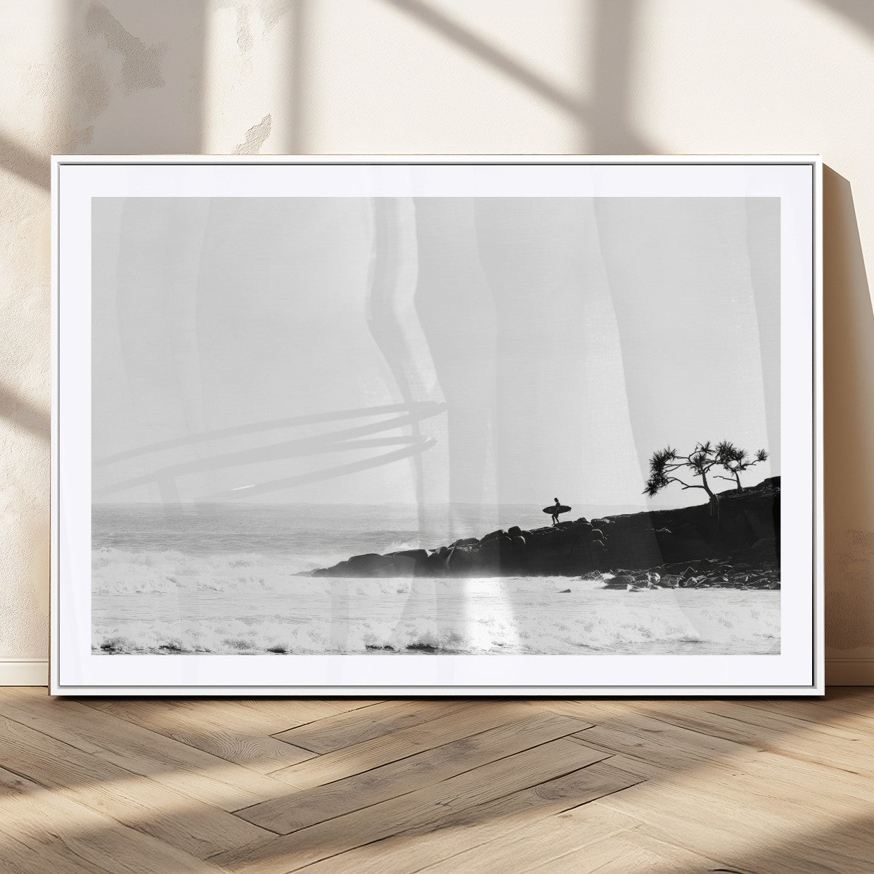 40875891-MGC-FP-36x24_White-SurferCliffs Wall Art Canvas Print, Framed Black White Beach Art Picture Print, Ocean Waves Perfect Minimalist Coastal Decor