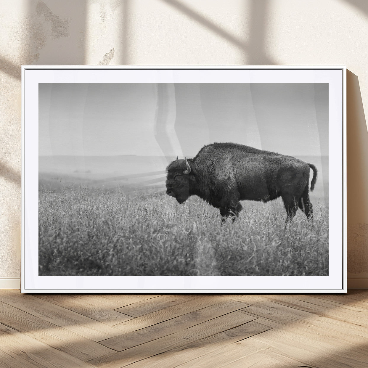 28435251-MGV-CV-36X24-Bison In Prairie Wall Art Canvas Print, Framed Rustic Wildlife Art Picture Print, Wild Buffalo Perfect Rustic Western Decor