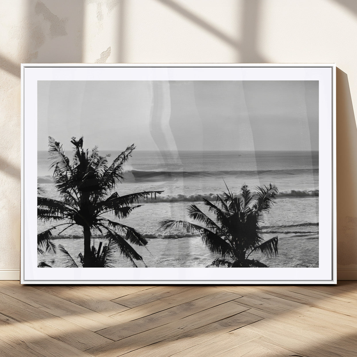 17508038-MGC-FP-36x24_White-Tropical Coastline Wall Art Canvas Print, Framed Palm Trees Art Picture Print, Ocean Waves Perfect Minimalist Coastal Decor