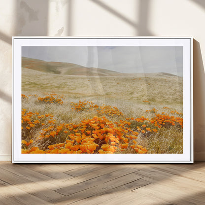 28972262-MGV-CV-36X24-Golden Wildflowers Wall Art Canvas Print, Framed Hills Bloom Art Picture Print, Poppy Meadow Perfect Rustic Nature Decor Artwork