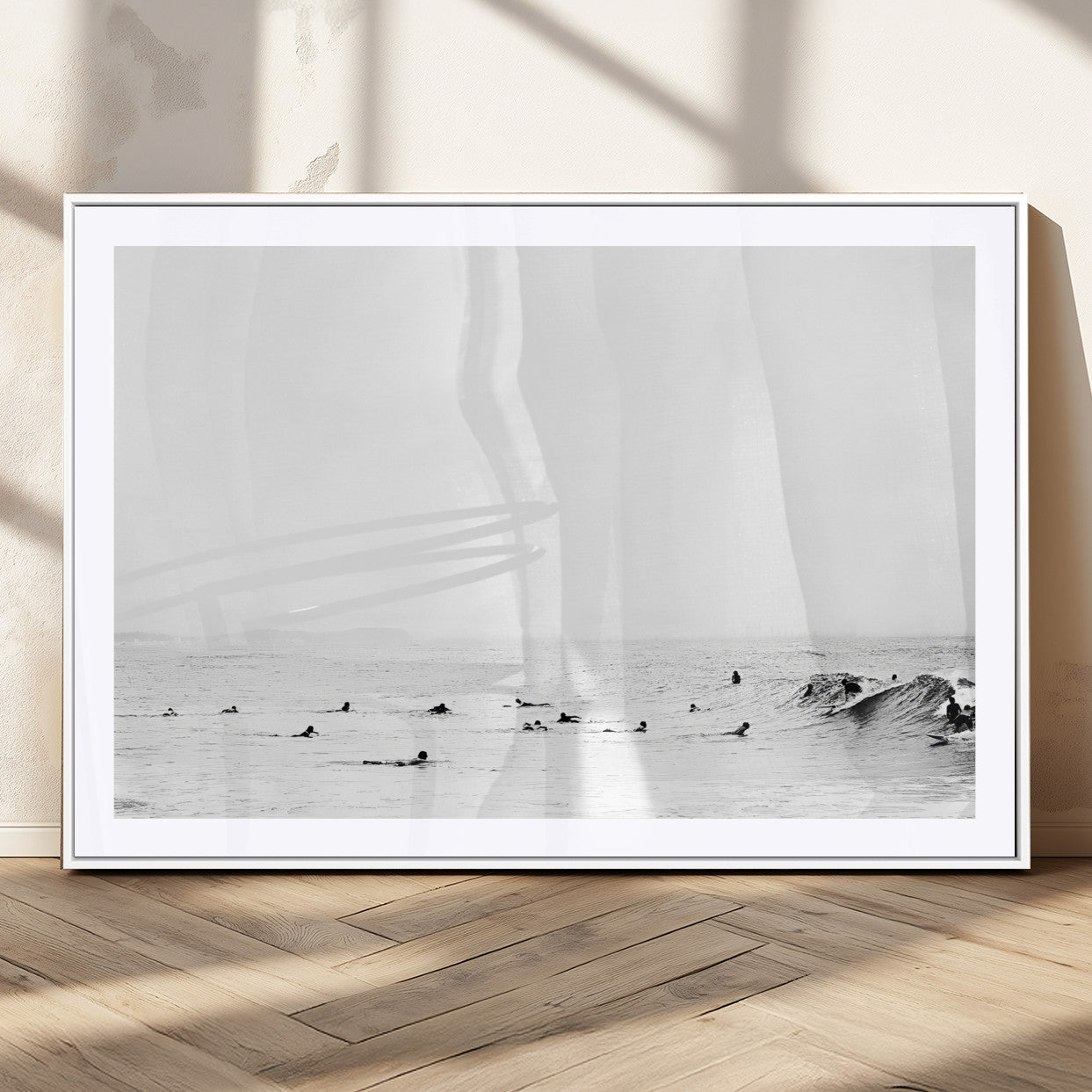 38441169-MGC-FP-36x24_White-Monochrome Swimming Wall Art Canvas Print, Framed Ocean Horizon Art Picture Print, Moody Coastal Perfect Minimalist Coastal Decor